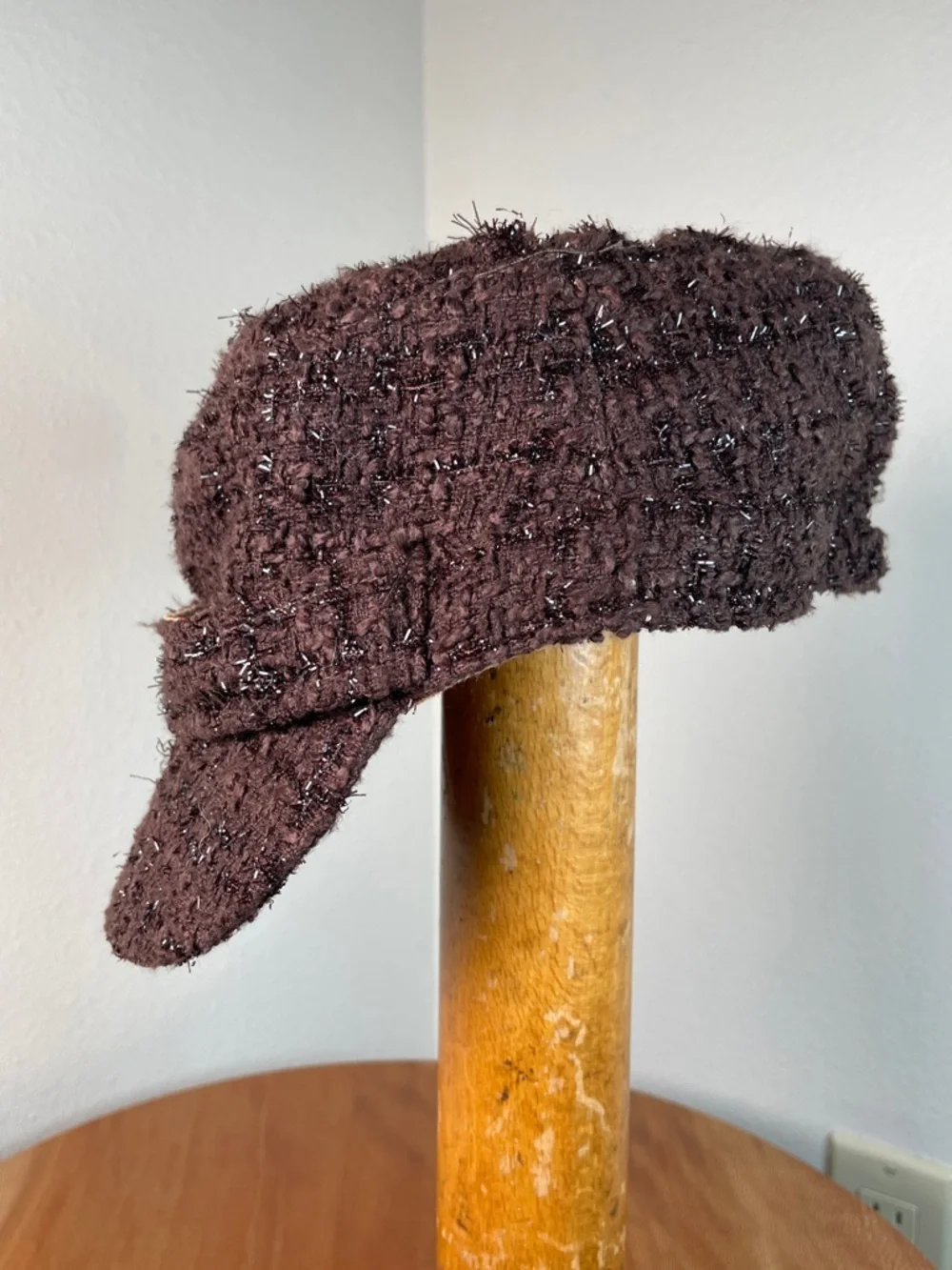 Y2K Brown Sparkly Tweed Knit Cap Hat Short Brim Floral Lined Hip Hop Streetwear